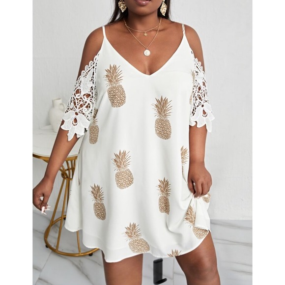 SHEIN Dresses & Skirts - NEW White Pineapple Print Cold Shoulder Lace‎ Sleeve Mini Dress Shein Curve 0XL
